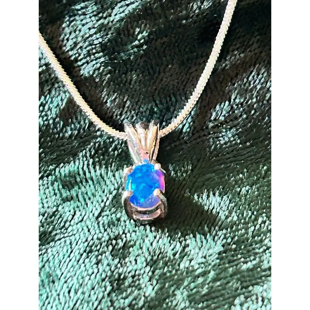 925 Sterling Silver Blue Fire Opal Solitaire Necklace 16